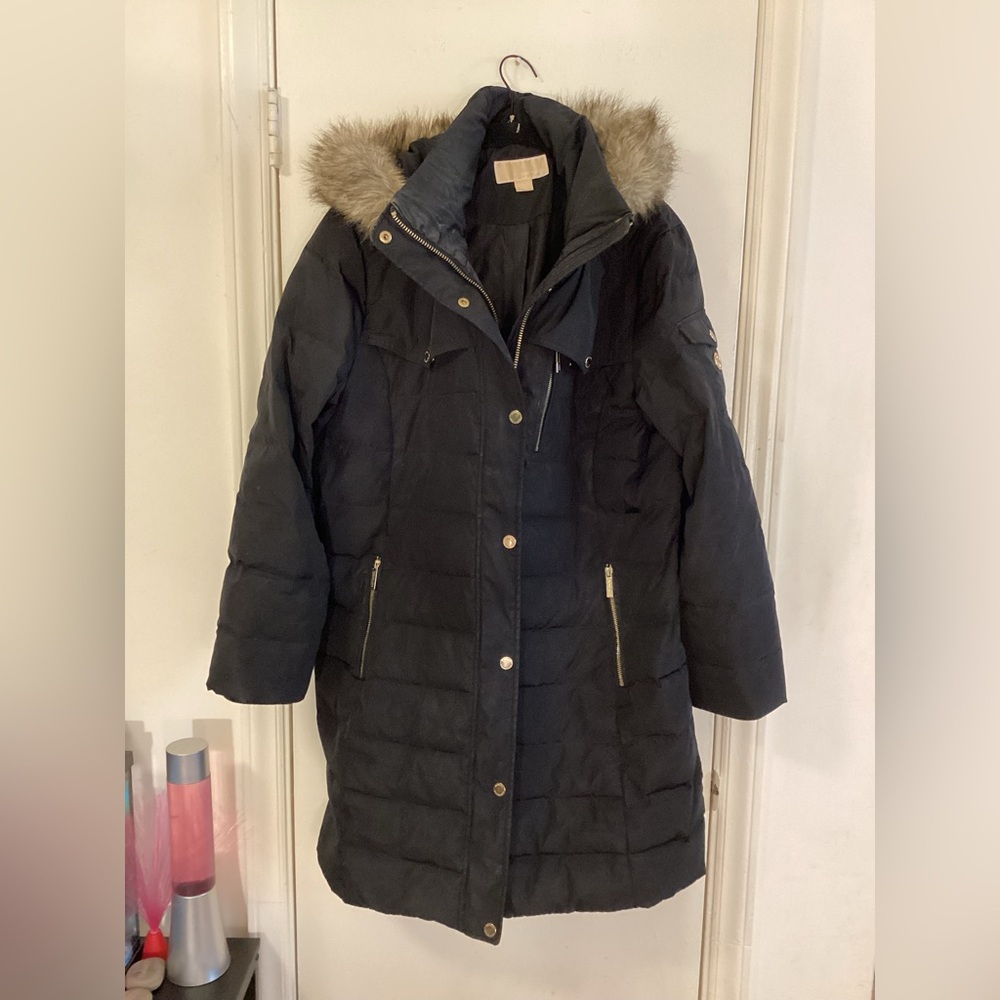 Michael Kors Black Puffer Coat with Fur-Trimmed Hood